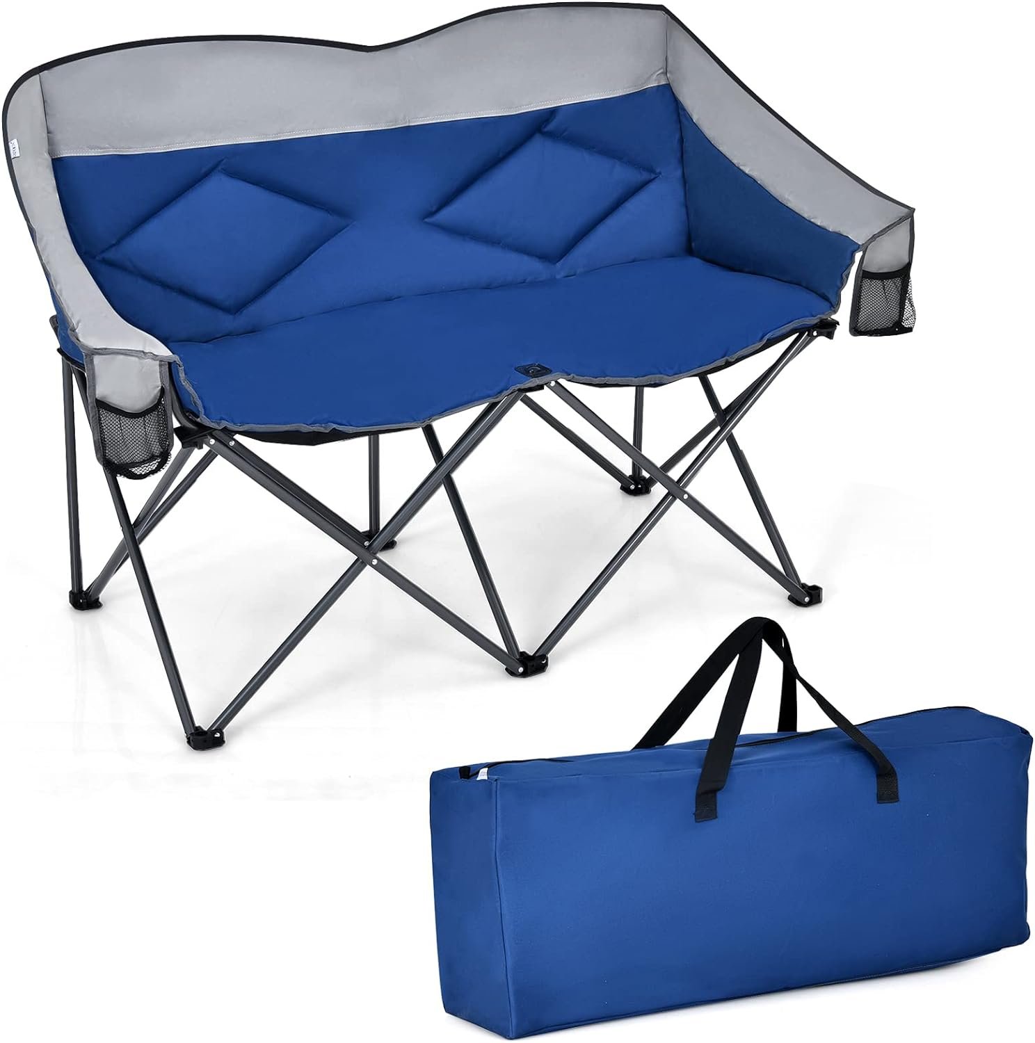 Bangtane Loveseat Camping Chair, Double Folding Chair, Support 500 LBS, Heavy Duty for 2 Adults, Oversize Camp Seat with Storage Bags, Backrest, Padded Wide Camp Seat for Outside, Picnic, Beach (Blue)