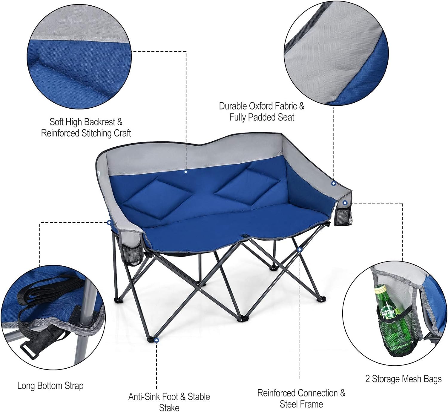 Bangtane Loveseat Camping Chair, Double Folding Chair, Support 500 LBS, Heavy Duty for 2 Adults, Oversize Camp Seat with Storage Bags, Backrest, Padded Wide Camp Seat for Outside, Picnic, Beach (Blue)