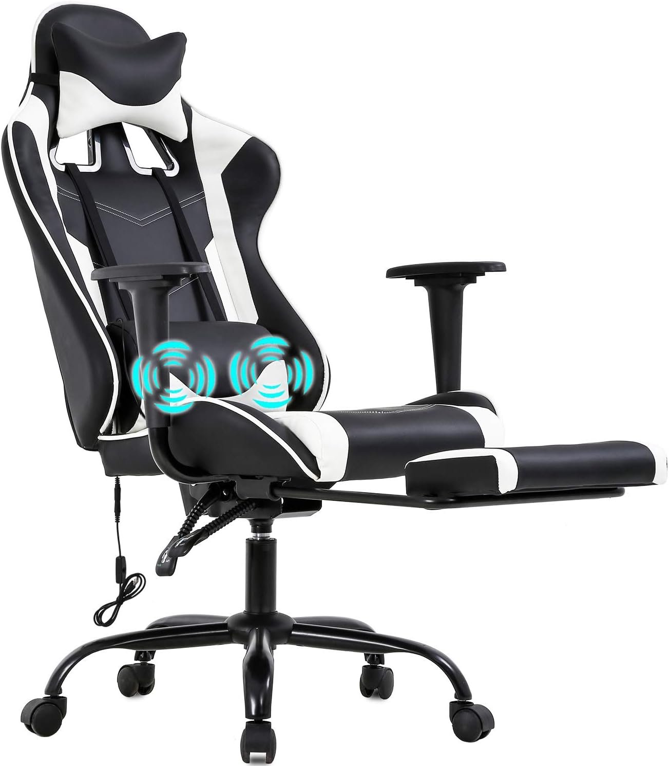 BestOffice Racing Office Ergonomic Desk Massage PU Leather Recliner Computer Lumbar Support Headrest Armrest Footrest Rolling Swivel Task Chair for, Adults, White