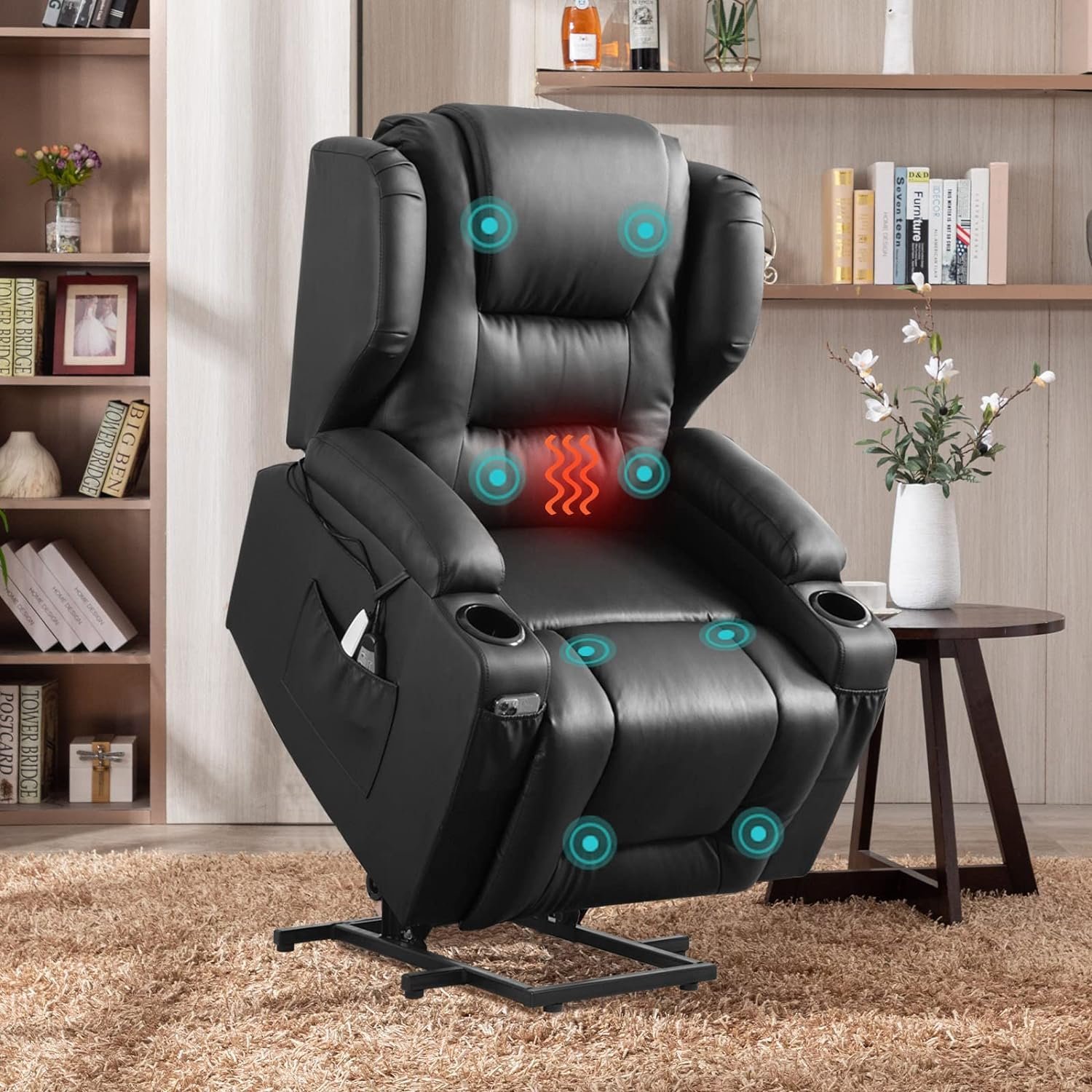 BINGTOO Power Lift Recliner Chair with Massage and Heat, Leather Electric Recliners for Elderly Heated Vibration Massage Sofa Living Room Chair with USB Ports, Remote Control, 2 Side Pockets…