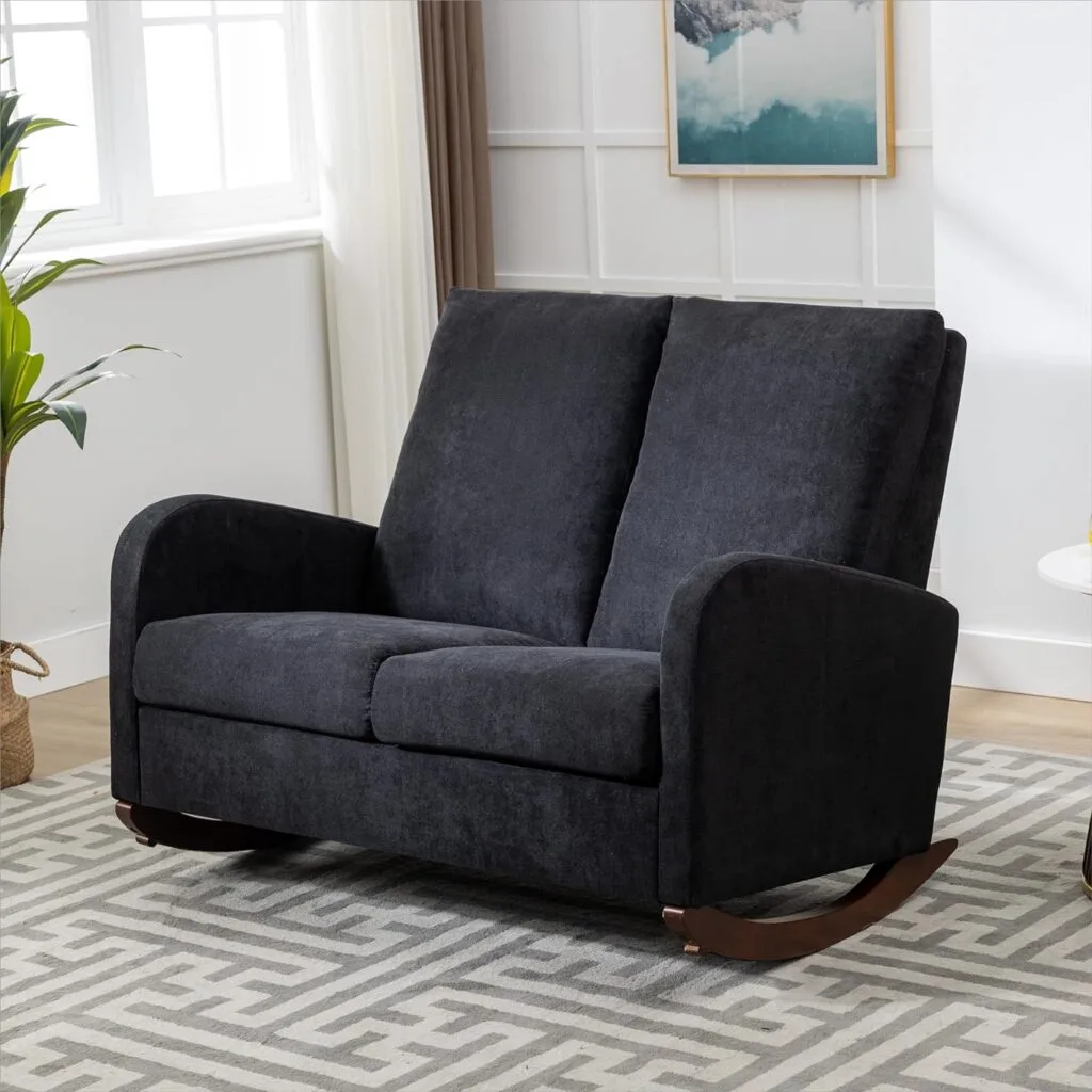 Black Linen Accent Rocking Chair, Oversized Upholstered Nursery Glider Rocker for Baby, Comfy Armchair with Side Pocket, Living Room Lounge Arm Chair