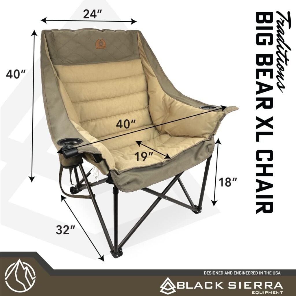 Black Sierra Equipment Plush Folding Chair for Sports  Outdoors, Oversize Seat Cushion Supports 400 lbs, Light Weight Camping Chair w/Cup Holders  Carry Bag