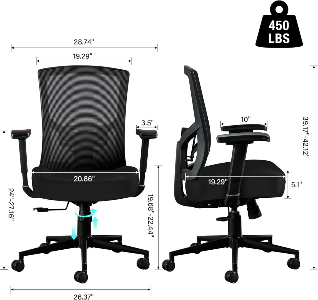 Blue Whale Big and Tall Office Chair 450lbs, Ergonomic High Back Computer Desk Chair for Heavy People with 2D Adjustable Waist Support and Heavy Duty Metal Base Mesh Chair