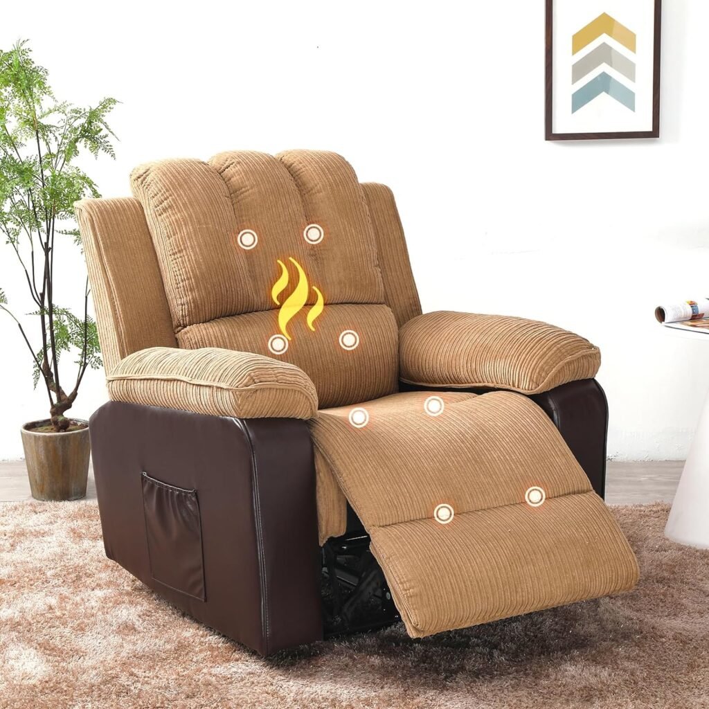 BOCWEN Lazy Boy Recliner Chairs for Adults, Corduroy Power Recliner with Heat and Massage, Reclining Sofa Oversized Chair for Living Room (Ginger)