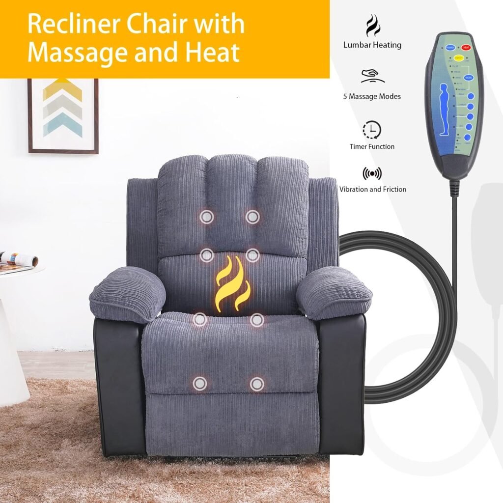 BOCWEN Lazy Boy Recliner Chairs for Adults, Corduroy Power Recliner with Heat and Massage, Reclining Sofa Oversized Chair for Living Room (Ginger)