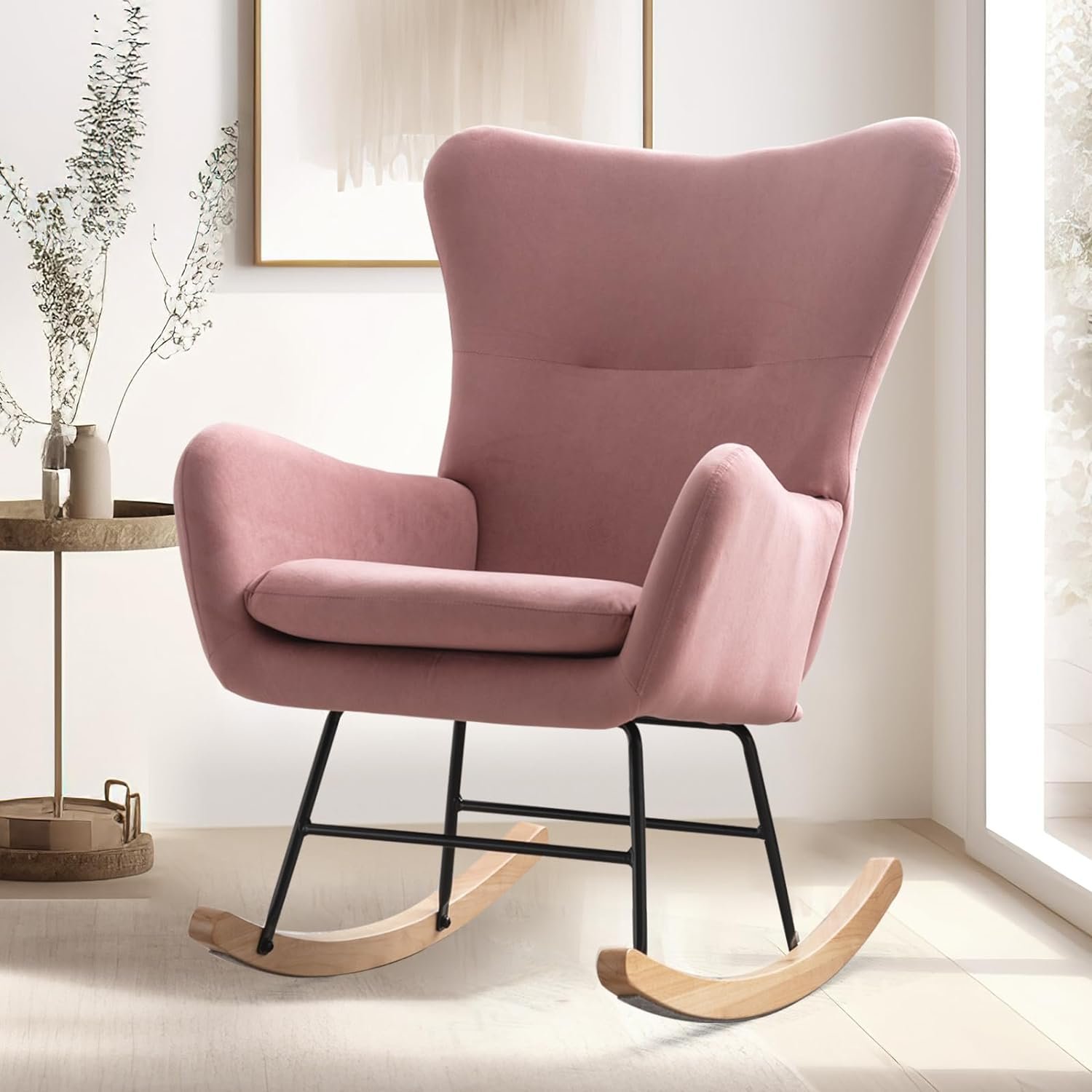 Bonzy Home Velvet Rocking Accent Nursery Chair Small Upholstered Glider Rocker Chair for Baby Nursery Padded Seat with High Backrest Armchair Comfy Side Chair Bedroom Living Room Chair, Pink