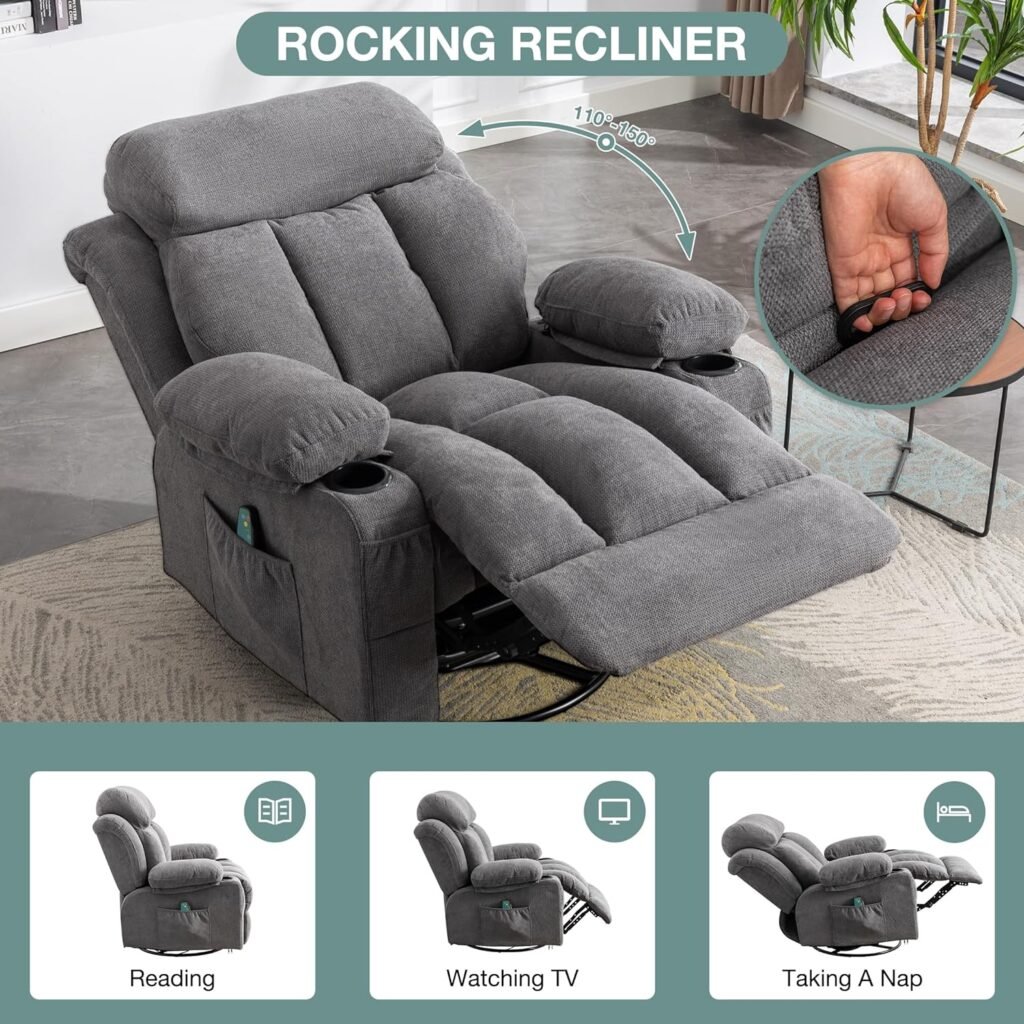 BOSMILLER Massage Recliner Chair, Swivel and Rocking Recliner with Heat and Vibration, Breathable Fabric Ergonomic Single Sofa Chair for Living Room with Cup Holders, Side Pockets and USB