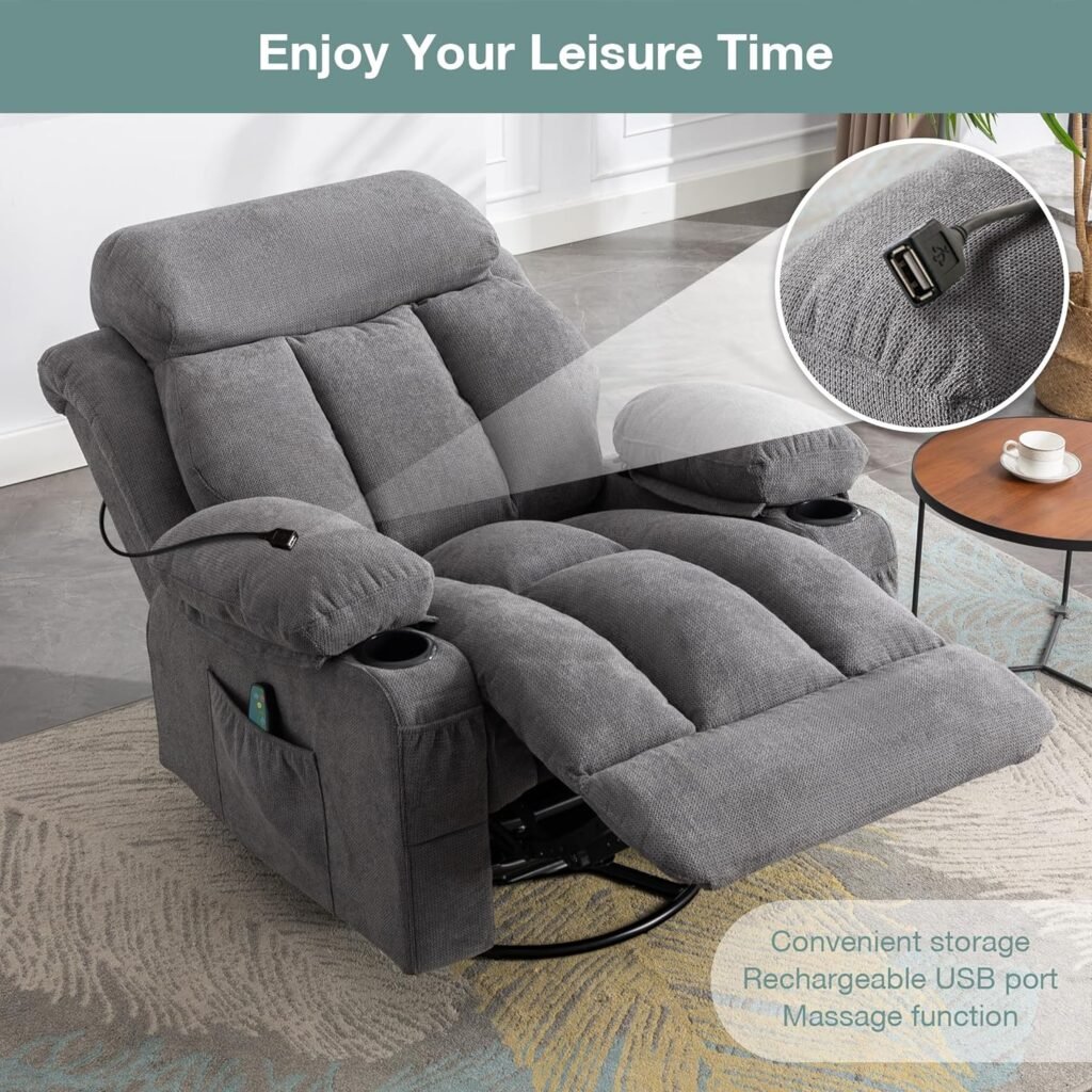 BOSMILLER Massage Recliner Chair, Swivel and Rocking Recliner with Heat and Vibration, Breathable Fabric Ergonomic Single Sofa Chair for Living Room with Cup Holders, Side Pockets and USB