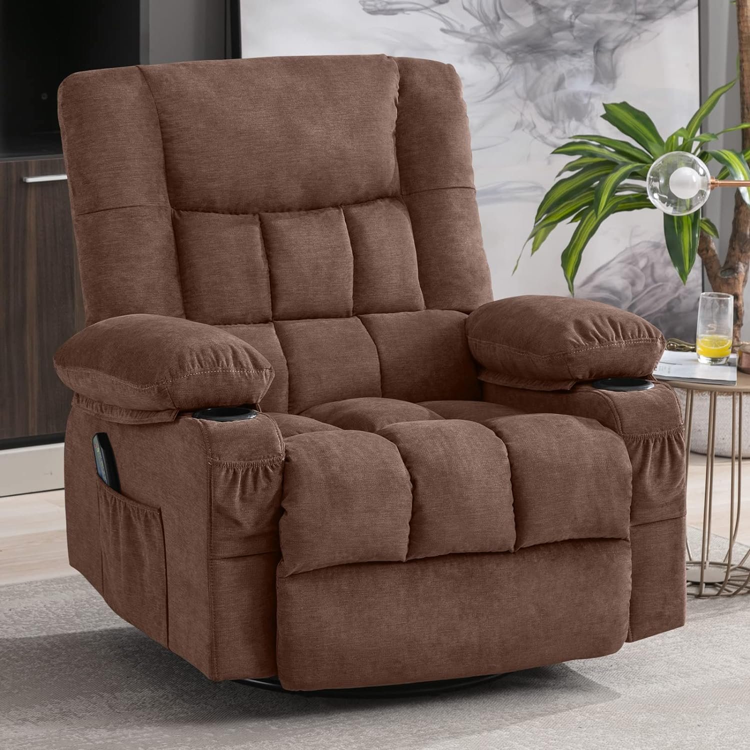 BOSMILLER Massage Swivel Rocker Recliner Chair with Vibration Massage and Heat Ergonomic Lounge Chair for Living Room with Rocking Function and Side Pocket, 2 Cup Holders, USB Charge Port