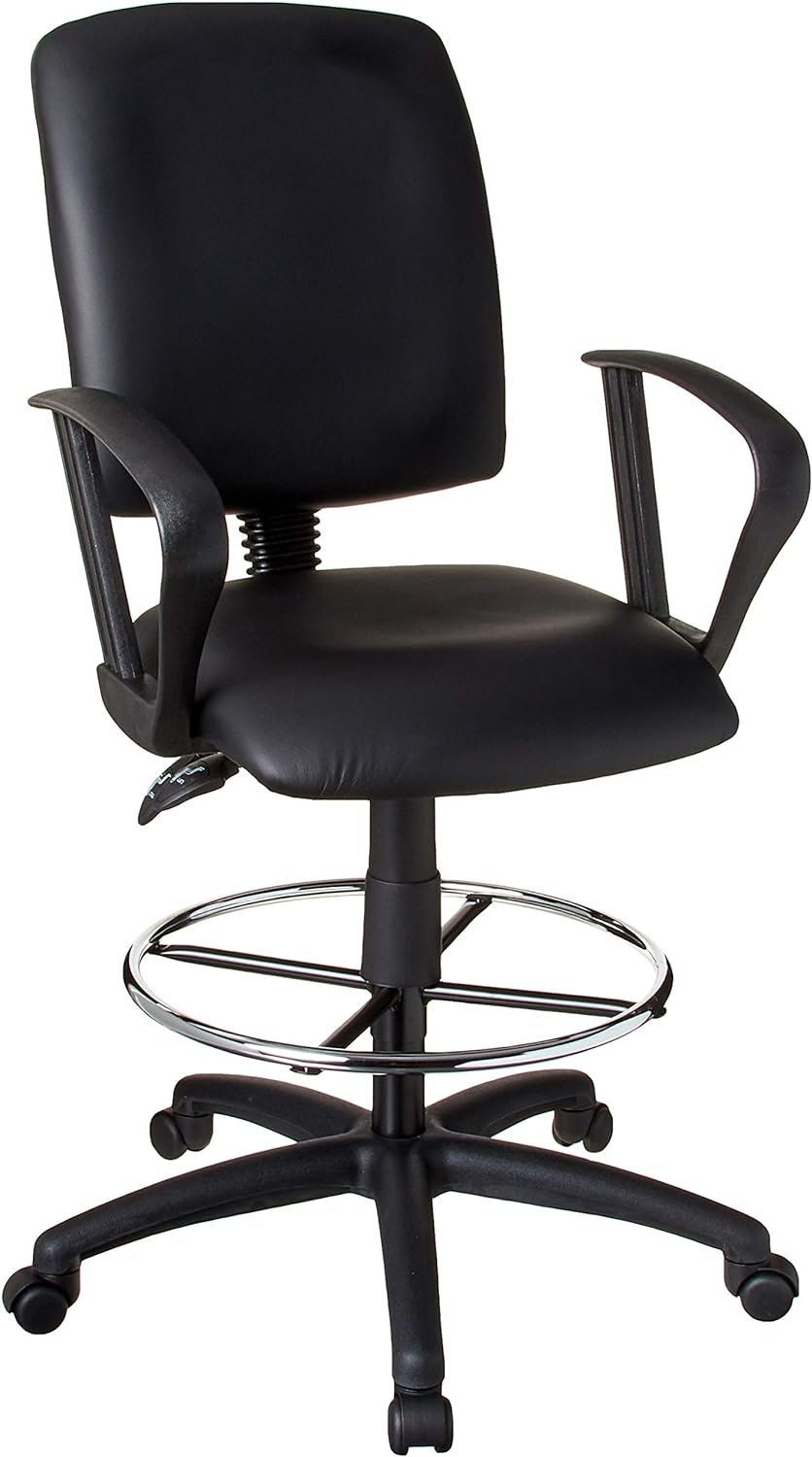 Boss Office Products Multi-Function LeatherPlus Drafting Stool with Loop Arms in Black