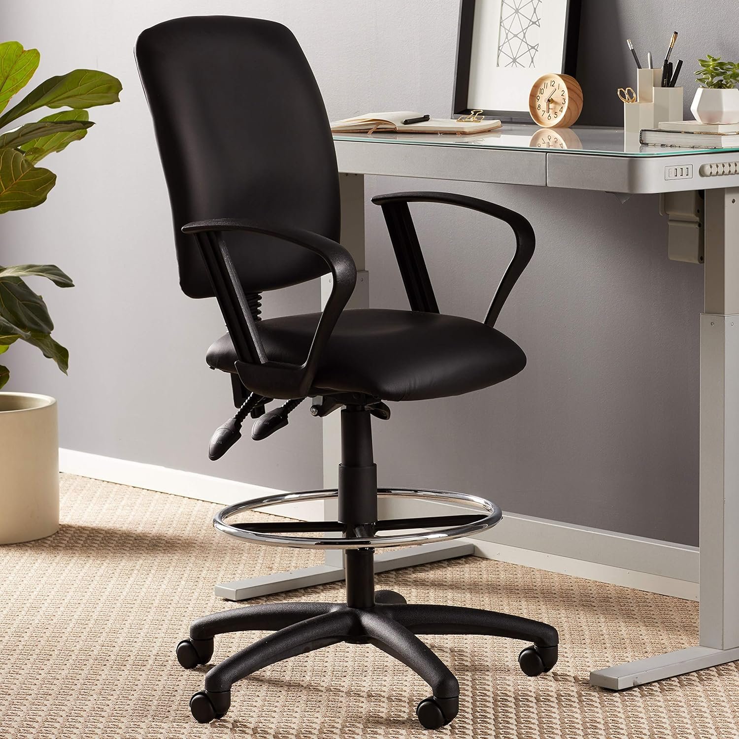 Boss Office Products Multi-Function LeatherPlus Drafting Stool with Loop Arms in Black