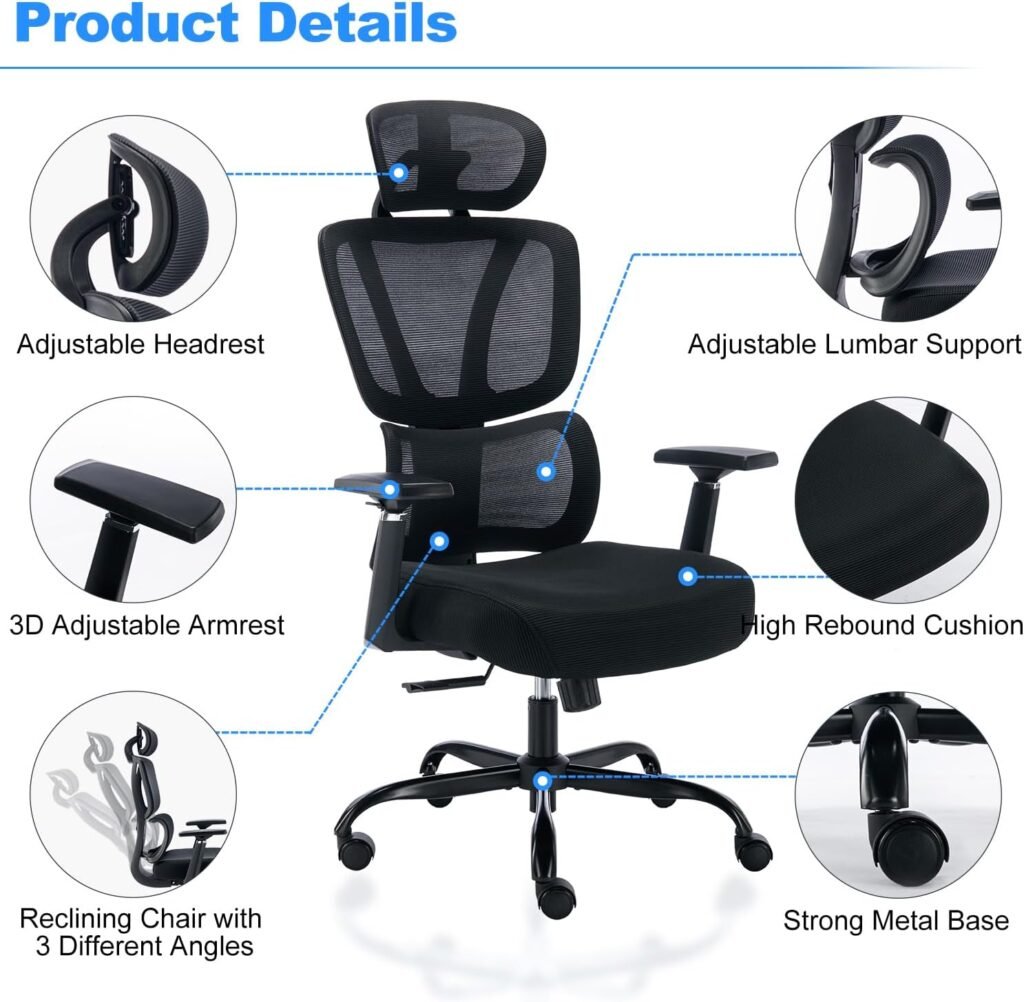 BRTHORY Ergonomic Office Chair Adjustable Height Home Desk Chair Comfy Breathable Mesh Gaming Chair with 3D Armrest High Back Thick Cushion Computer Chair with Headrest Black-Plated Legs