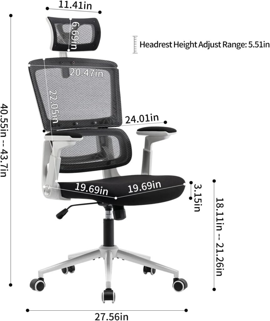 BRTHORY Ergonomic Office Chair Adjustable Height Home Desk Chair Comfy Breathable Mesh Gaming Chair with 3D Armrest High Back Thick Cushion Computer Chair with Headrest Black-Plated Legs