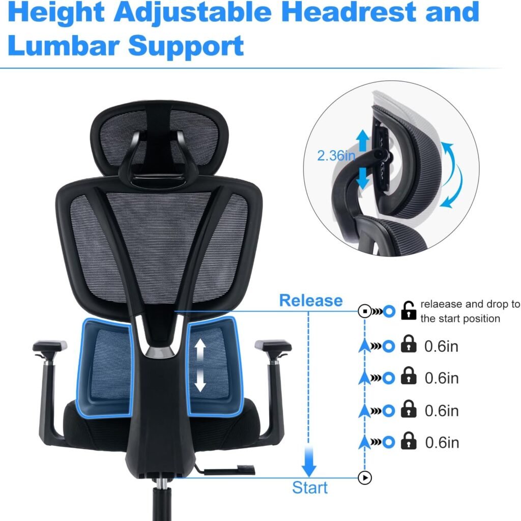 BRTHORY Ergonomic Office Chair Adjustable Height Home Desk Chair Comfy Breathable Mesh Gaming Chair with 3D Armrest High Back Thick Cushion Computer Chair with Headrest Black-Plated Legs