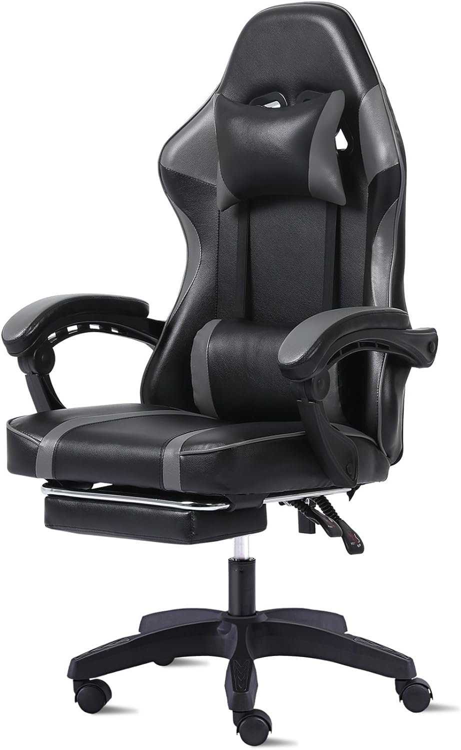 Bstyjqxh Ergonomic Gaming Chair with Footrest, Wide Computer Chair for Heavy People, Adjustable Height Office Desk Chair with Wheels, Breathable Leather Video Game Chairs (Grey, Large)