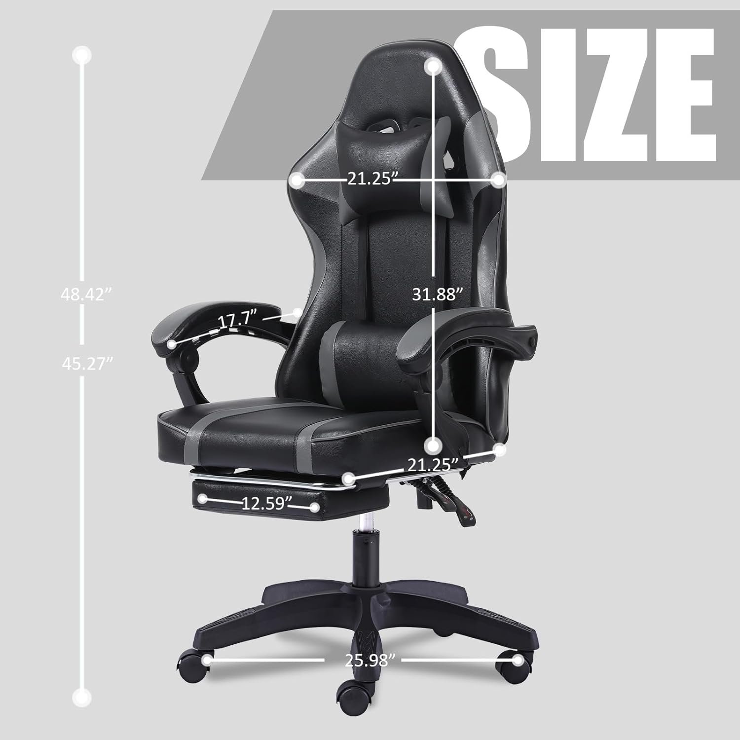 Bstyjqxh Ergonomic Gaming Chair with Footrest, Wide Computer Chair for Heavy People, Adjustable Height Office Desk Chair with Wheels, Breathable Leather Video Game Chairs (Grey, Large)