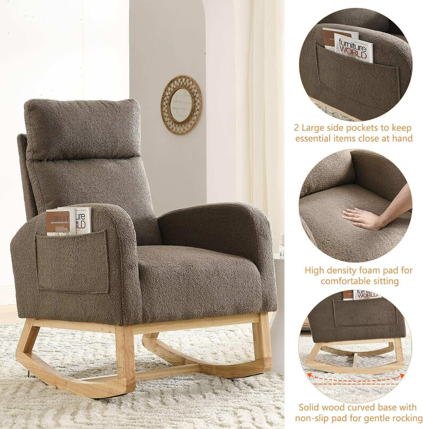 CALABASH Rocking Chair Nursery,Modern Comfy Armchair with Side Pocket,Mid-Century Upholstered Glider Rocker Chairs for Baby/Kids Room and Living Room (New Beige)