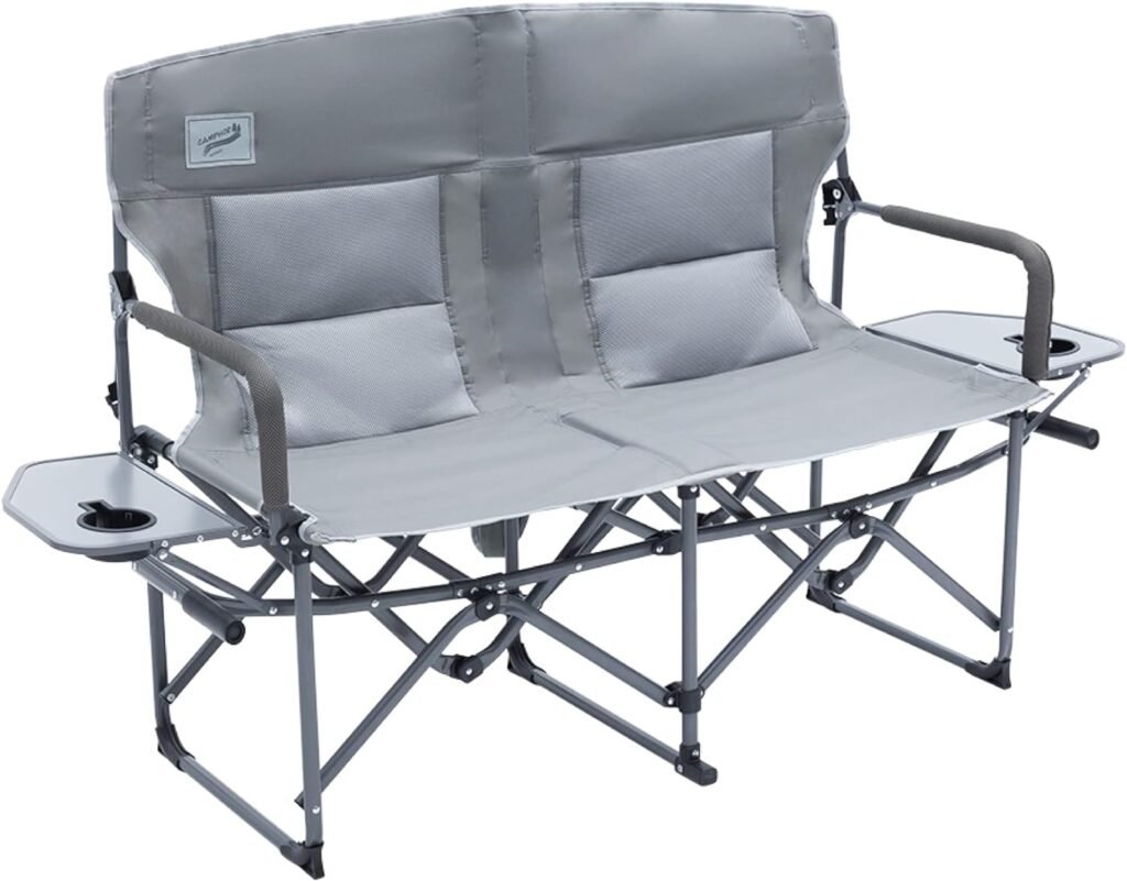 Camphor Designs Oversized Double Portable Folding Director’s Loveseat Chair with Padded Backrest, Side Table | Outdoor Sports, Beach, Lawn, Hunting, Tailgating, Fishing| Supports 300 Lbs/Seat