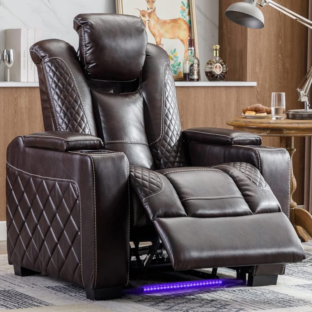 CANMOV Brown Faux Leather Electric Recliner Chair with Ambient Lighting, Adjustable Headrest and USB Ports