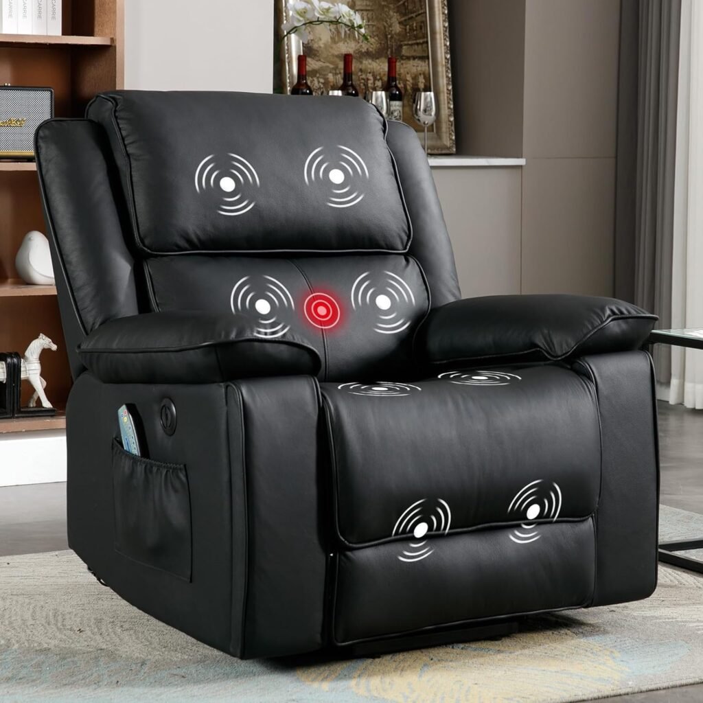 CANMOV Genuine Leather Power Lift Recliner Chair for Elderly, Massage and Heated Lift Chair for Seniors Reclining Chair Single Sofa Chair with Cup Holders, Side Pocket and USB Port (Black)