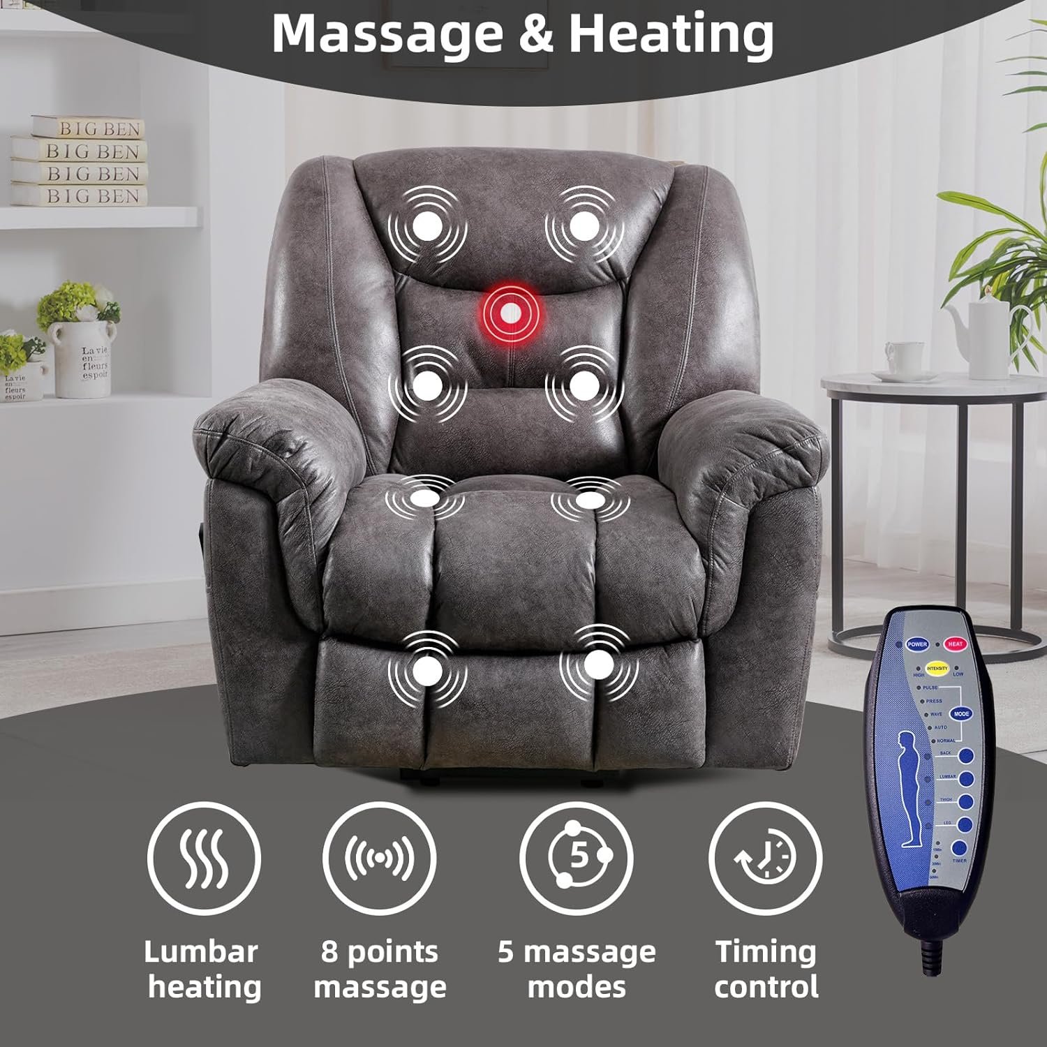 CANMOV Large Power Lift Recliner Chair for Elderly Big and Tall People, Massage and Heated Recliner Lift Chair for Seniors Faux Leather Reclining Chair with Side Pocket and USB Port (Gray)