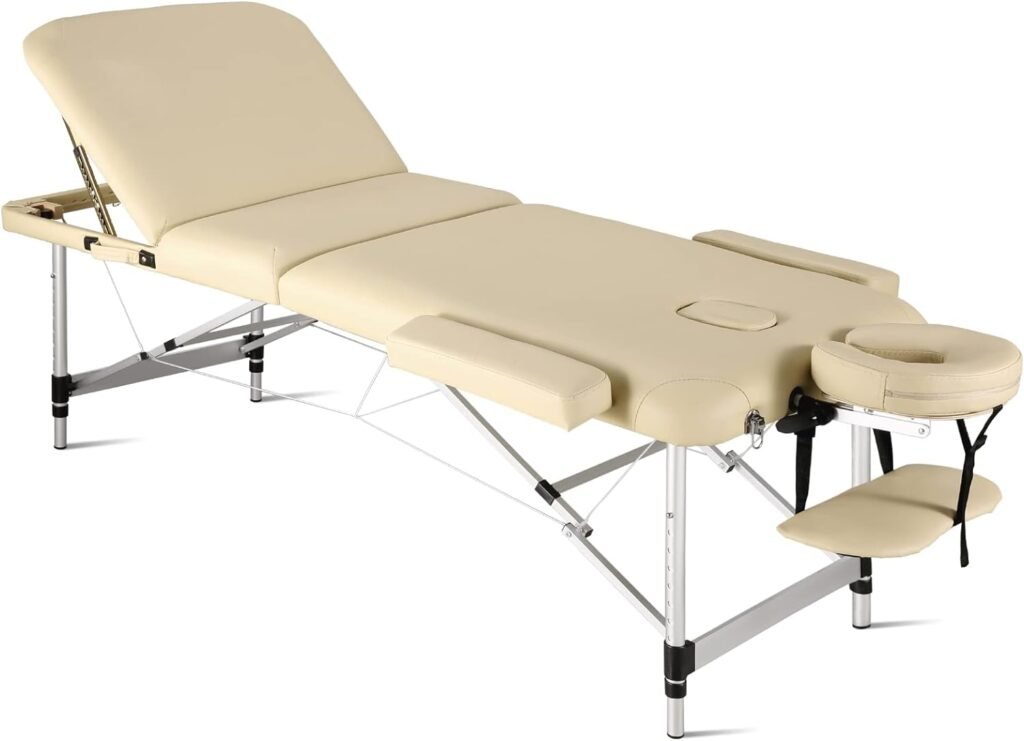 Careboda Professional Massage Table Foldable 28.7 Wide, Height Adjustable Aluminum Massage Bed 3 Fold with Headrest, Armrests and Carry Bag, Portable Massage Tables for Spa, Salon, Tattoo Beige