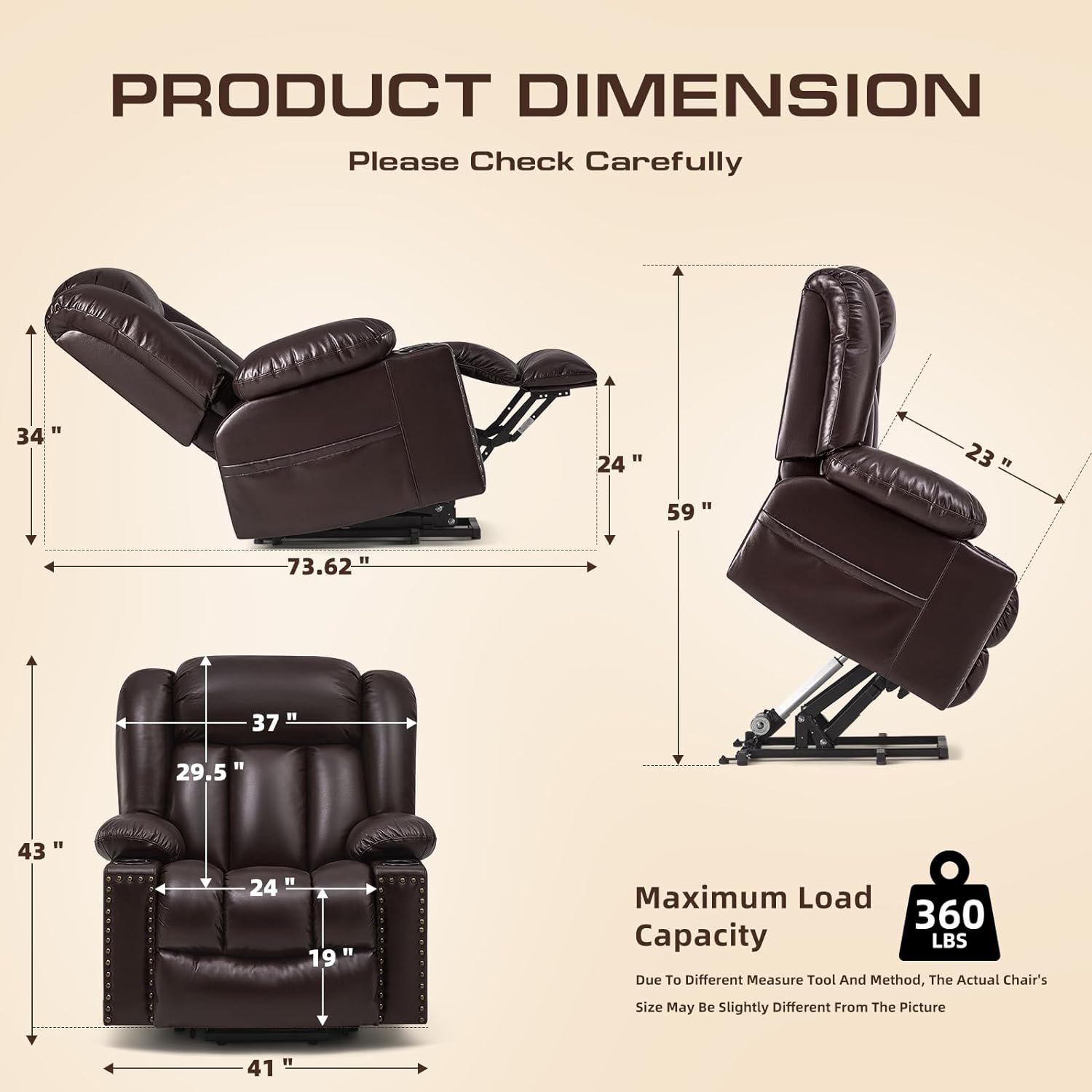 Cfvyne Large Power Lift Chairs Recliners for Elderly with Heated and Massage, Overstuffed Adjustable Lift Chairs, 3 Positions, Breathable Leather, USB-A and USB-C, Cup Holder, Side Pocket, Dark Brown