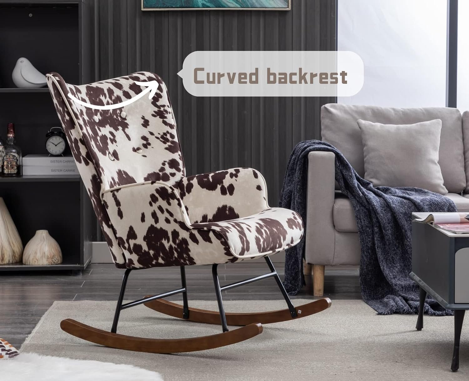 CIMOTA Leather Rocking Chair Nursery, Modern Armchair Tufted Wingback Comfy Rocker Chair with Thick Padded Seat for Nursery/Bedroom/Living Room, Faux Leather Retro Brown