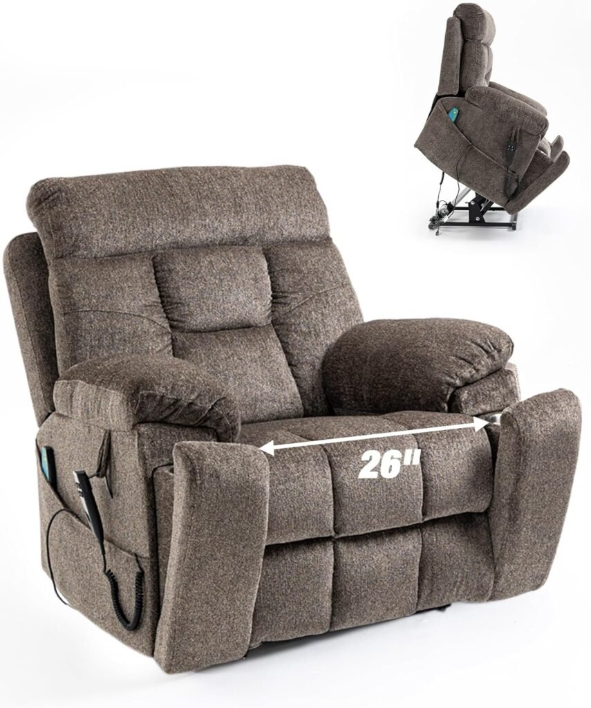 Cobplns 26 in Extra Wide ReclinerOverstuffed Chair, 400lb Weight Capacity 180° Adjustment Comfort Large Recliner  Lift Chair with Water Cup Holder, Full Body Massage, Lumbar Heating(Grey)