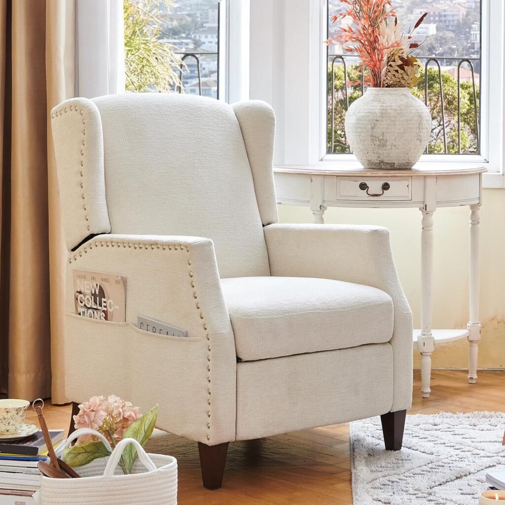 COLAMY Wingback Pushback Recliner Chair with Storage Pocket, Upholstered Fabric Living Room Chair Armchair, Single Reclining Sofa with Wood Legs and Nailhead Trim for Home/Bedroom, Beige
