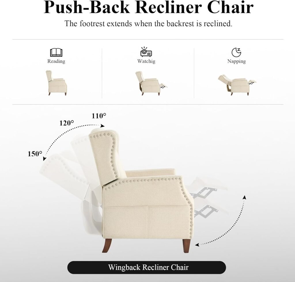 COLAMY Wingback Pushback Recliner Chair with Storage Pocket, Upholstered Fabric Living Room Chair Armchair, Single Reclining Sofa with Wood Legs and Nailhead Trim for Home/Bedroom, Beige