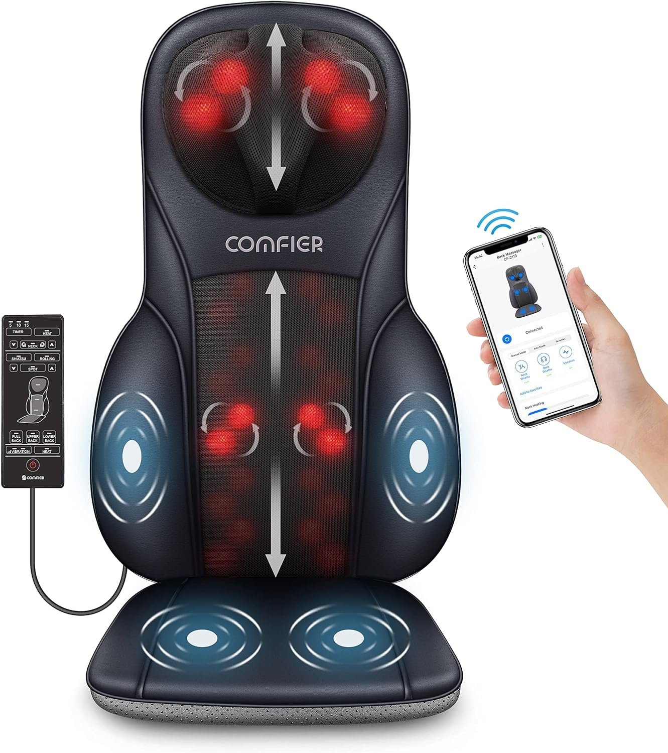 COMFIER Neck Back Massager with Heat, APP Control Shiatsu Massage Chair Pad with Lumbar Support, Adjustable Vibration Heated Massage Seat for Pain Stress Relief, Gifts for Mom,Dad
