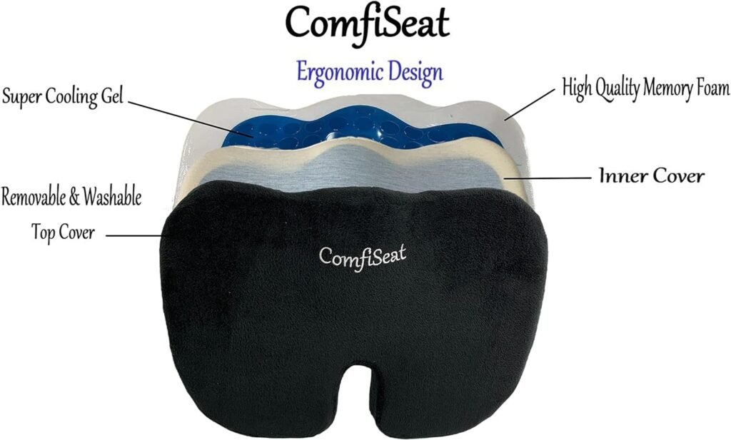 ComfiSeat Seat Cushion, Ergonomic Design with Cooling Gel and Memory Foam for Office/Home, Car and Wheel Chair Seats