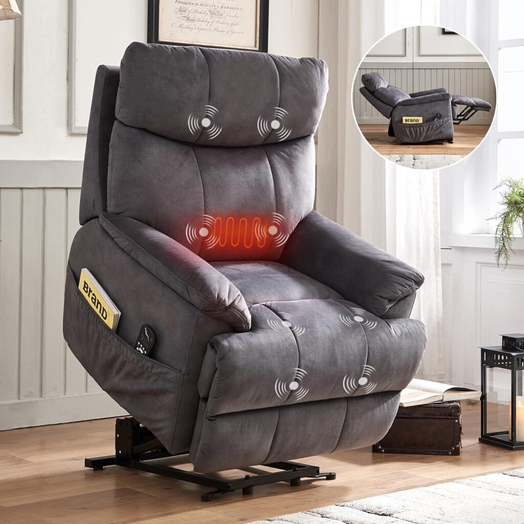 Comfort Stretch Lift Chairs Recliners for Elderly, Power Massage Recliner Chair for Seniors with Heat, Electric Reclining Sofa for Adults, Fabric Heated Power Lifting Chair for Living Room, Grey