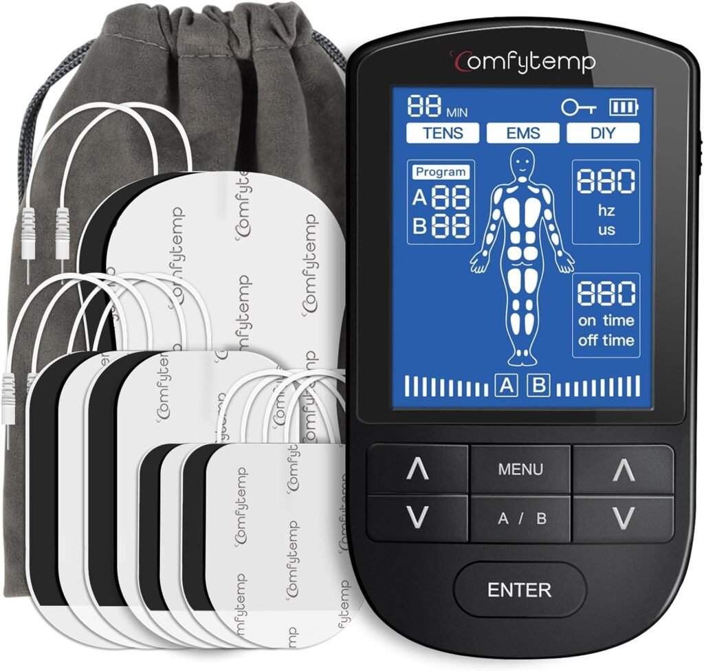 Comfytemp TENS Unit Muscle Stimulator for Pain Relief Therapy, TENS Machine with 24 Modes and DIY, Dual Channel EMS Unit, Pulse Muscle Massager for Back, Shoulder, Sciatica, Knee, 10 Electrode Pads