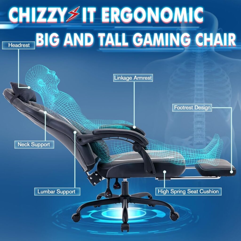 Computer Gaming Chair with Footrest,Big and Tall Gaming Chair for Heavy People,Comfortable Gaming Chair with Lumbar Support and Headrest for Adults 450lbs