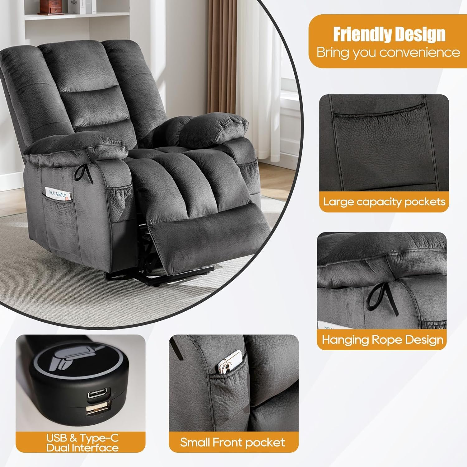 Consofa Lift Chair, Lift Chairs Recliners for Elderly, Lift Chair with Massage and Heat, Power Lift Chair with USB Port, 2 Cup Holders, 4 Pockets, Fabric (Brown)