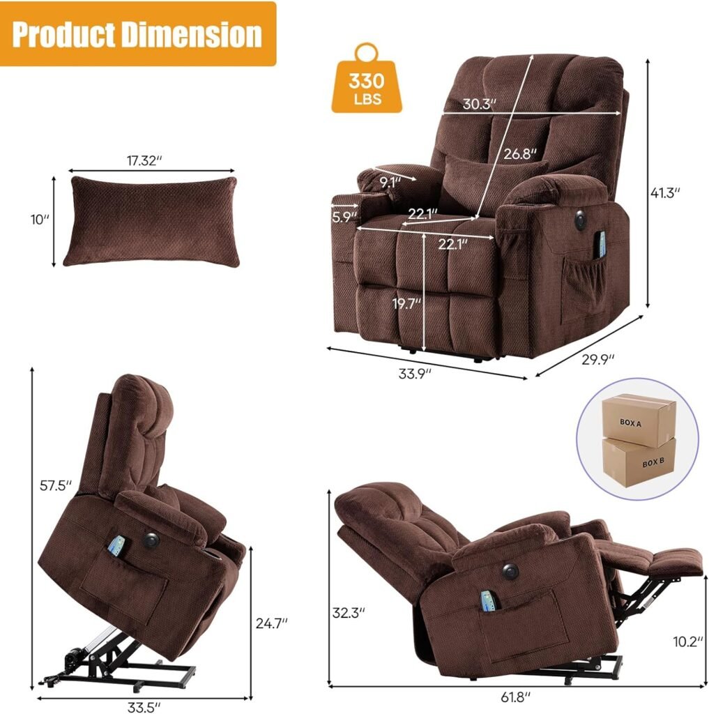 Consofa Power Lift Recliner, Lift Chair with Heat and Massage, Lift Recliner Chairs for Elderly, Electric Power Lift Recliner Chair with Lumbar Pillow, 4 Pockets and 2 Cup Holders, USB  Type-C Port