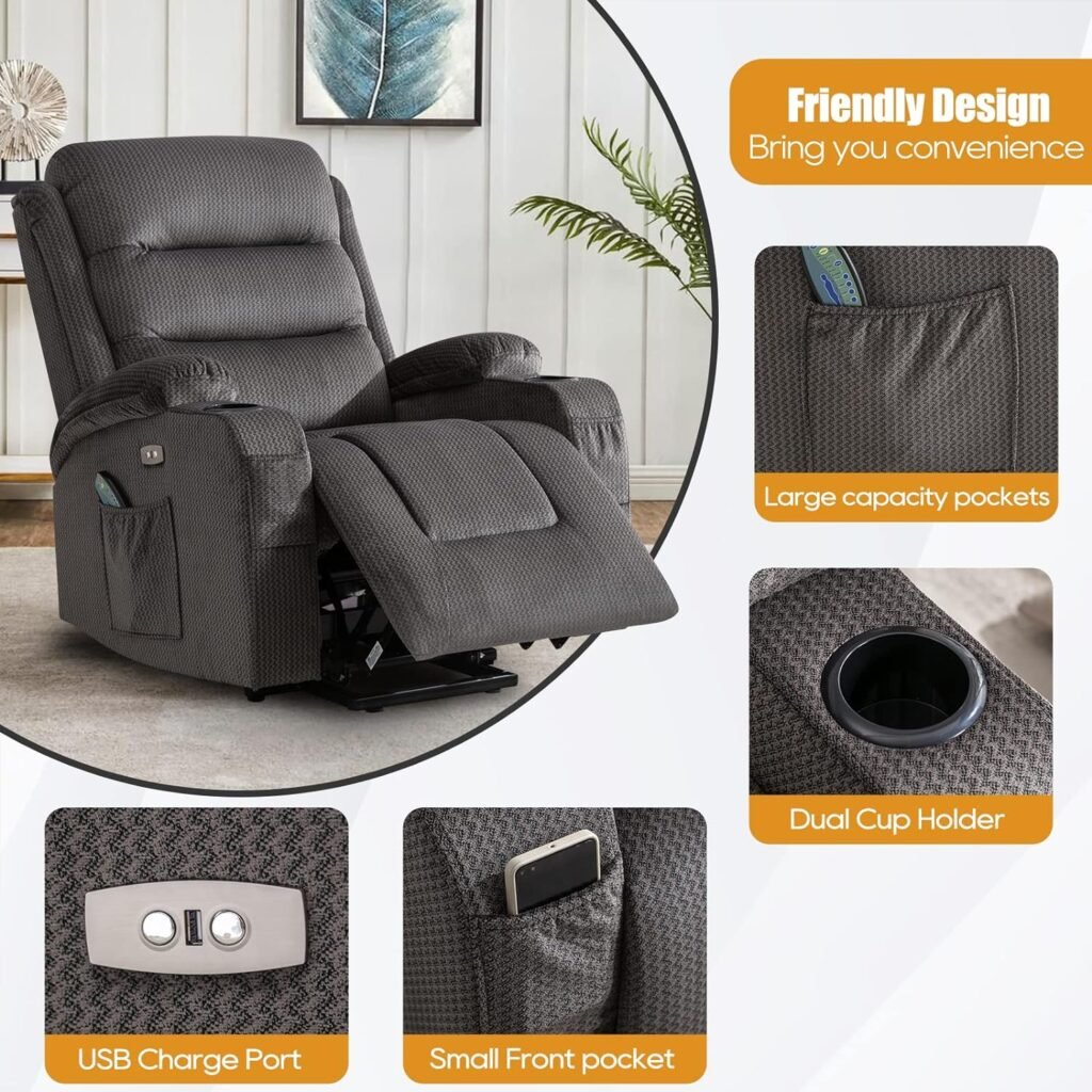 Consofa Power Lift Recliner, Lift Chair with Heat and Massage, Lift Recliner Chairs for Elderly, Electric Power Lift Recliner Chair with Lumbar Pillow, 4 Pockets and 2 Cup Holders, USB  Type-C Port