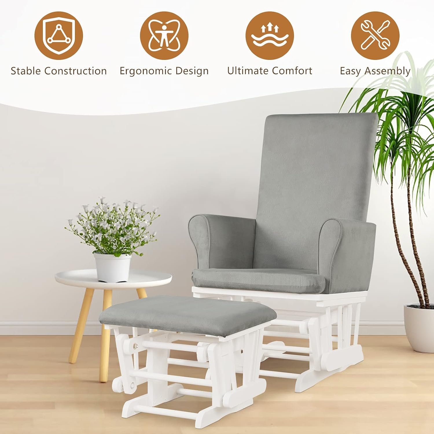Costzon Glider and Ottoman Set, Wood Baby Rocker Nursery Furniture for Napping Reading Nursing, Cleanable Upholstered Comfort Rocking Nursery Chair with Detachable Cushion (Light Gray)