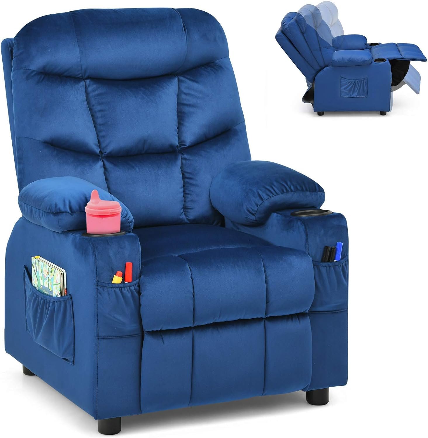 Costzon Kids Recliner Chair with Cup Holder, Adjustable Velvet Lounge Chair w/Footrest  Side Pockets for Children Boys Girls Room, Ergonomic Toddler Furniture Sofa, Kids Recliner (Blue)