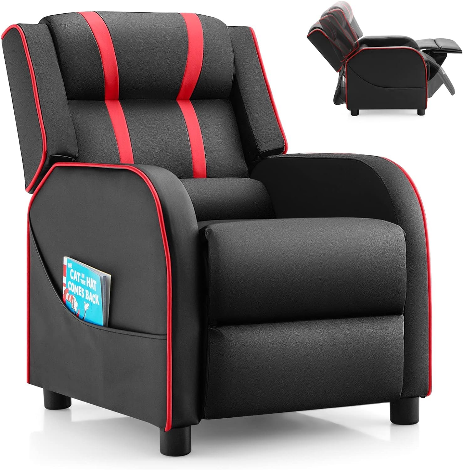 Costzon Kids Recliner, Gaming Recliner Chair w/Side Pockets, Footrest, Headrest  Lumbar Support for Kids Room  Play Room, Adjustable Racing Style Leather Sofa for Children Boys Girls (Red, Black)