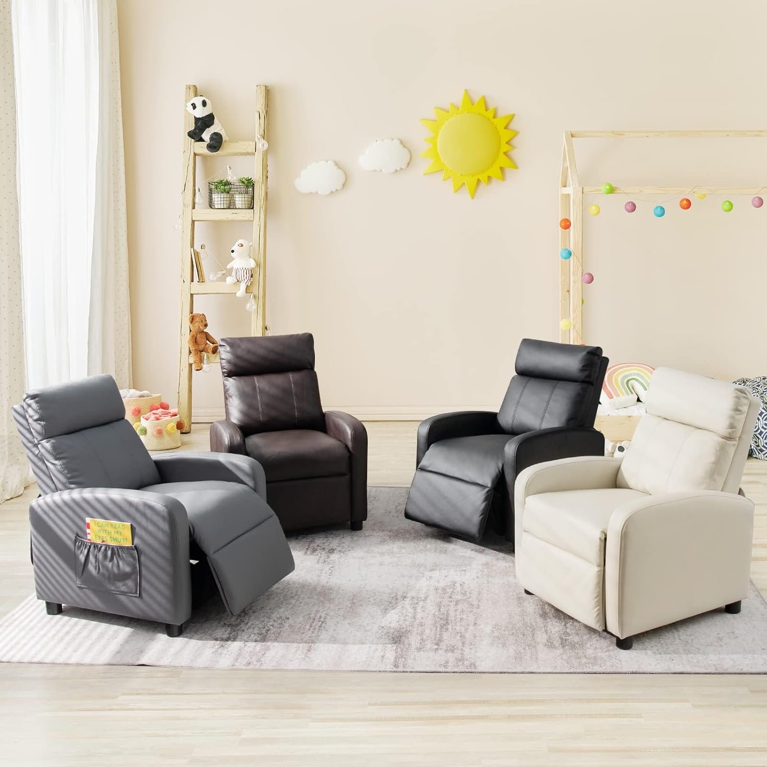 Costzon Kids Recliner Lounge Chair, Adjustable PU Leather, Sturdy Wooden Frame, Waterproof, Grey, Unisex, 3-12 Years