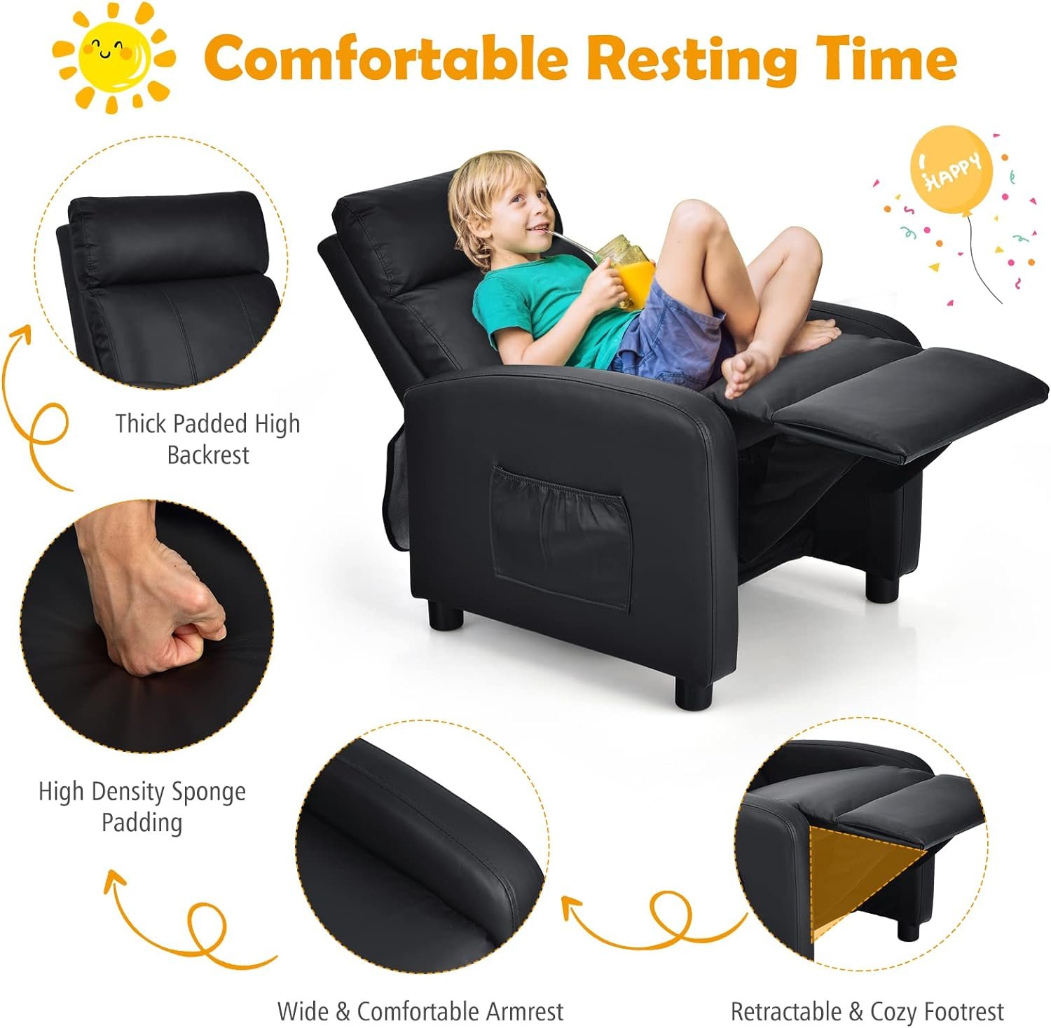 Costzon Kids Recliner Lounge Chair, Adjustable PU Leather, Sturdy Wooden Frame, Waterproof, Grey, Unisex, 3-12 Years