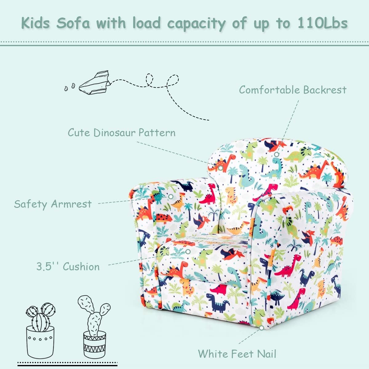 Costzon Kids Sofa with Pattern, Toddler Furniture w/Sturdy Wood Construction for Boys  Girls, Armrest Couch for Preschool Children, Lightweight Sofa Chair, Dinosaur