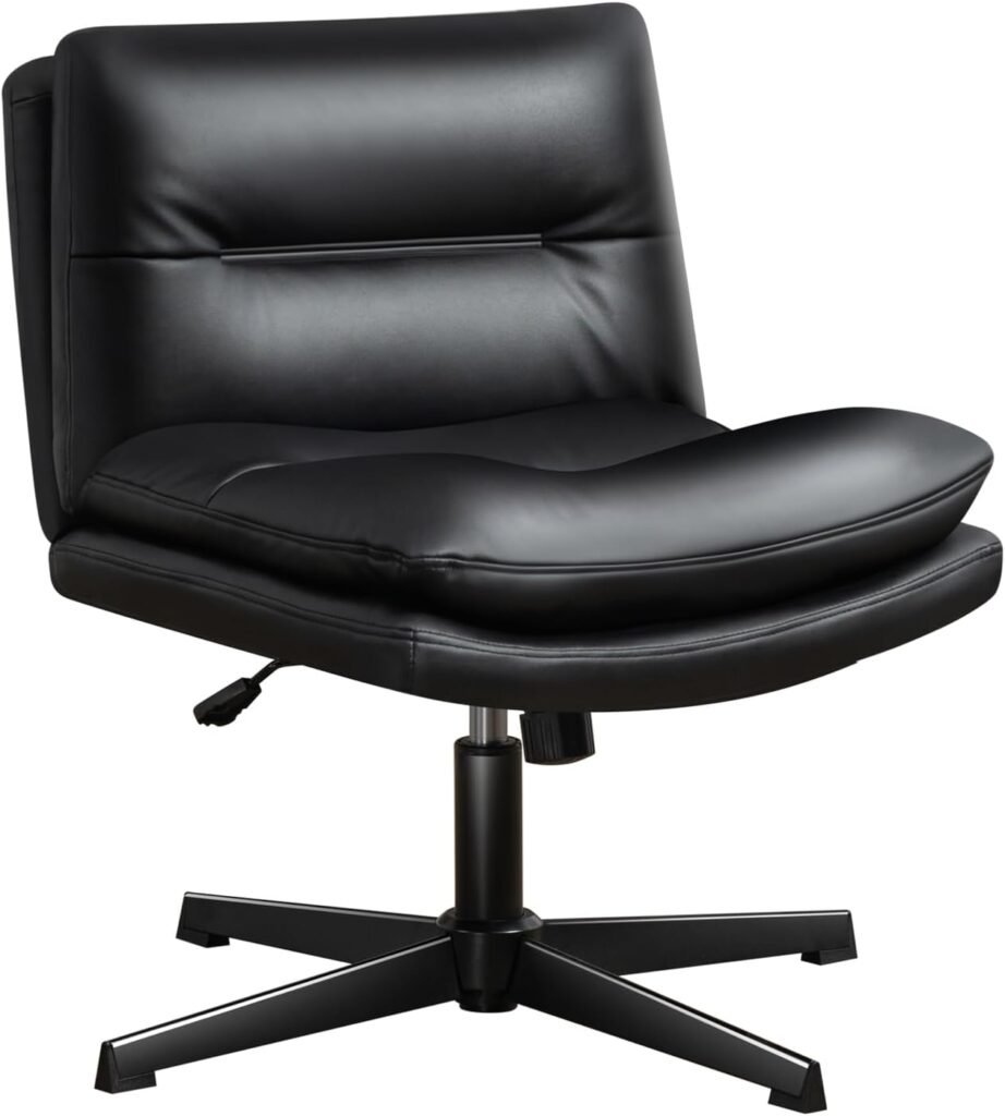 Darkecho Office Chair Armless Desk Chair No Wheels,Thick Padded Leather Home Office Chairs, Adjustable Swivel Rocking Vanity Chair, Wide Task Computer Chair for Office,Home,Bedroom Black