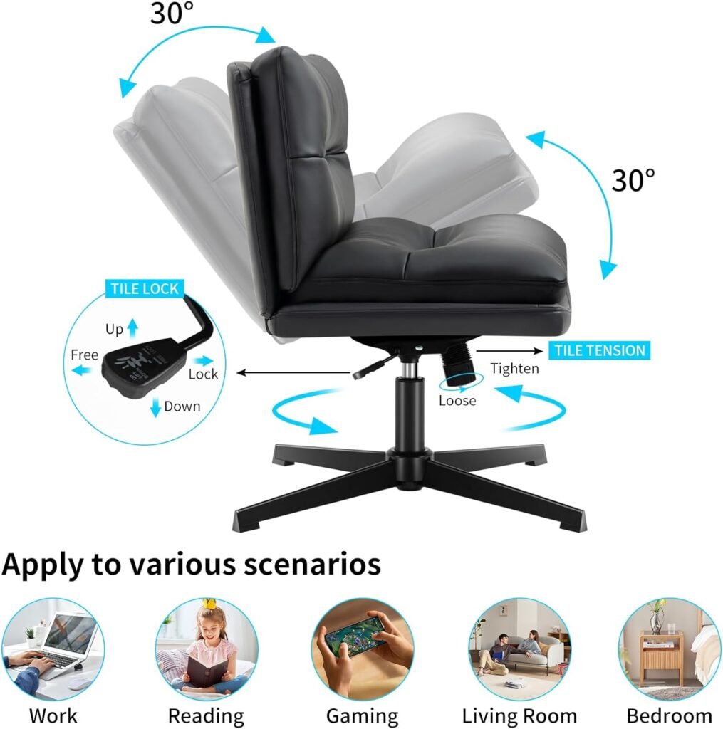 Darkecho Office Chair Armless Desk Chair No Wheels,Thick Padded Leather Home Office Chairs, Adjustable Swivel Rocking Vanity Chair, Wide Task Computer Chair for Office,Home,Bedroom Black