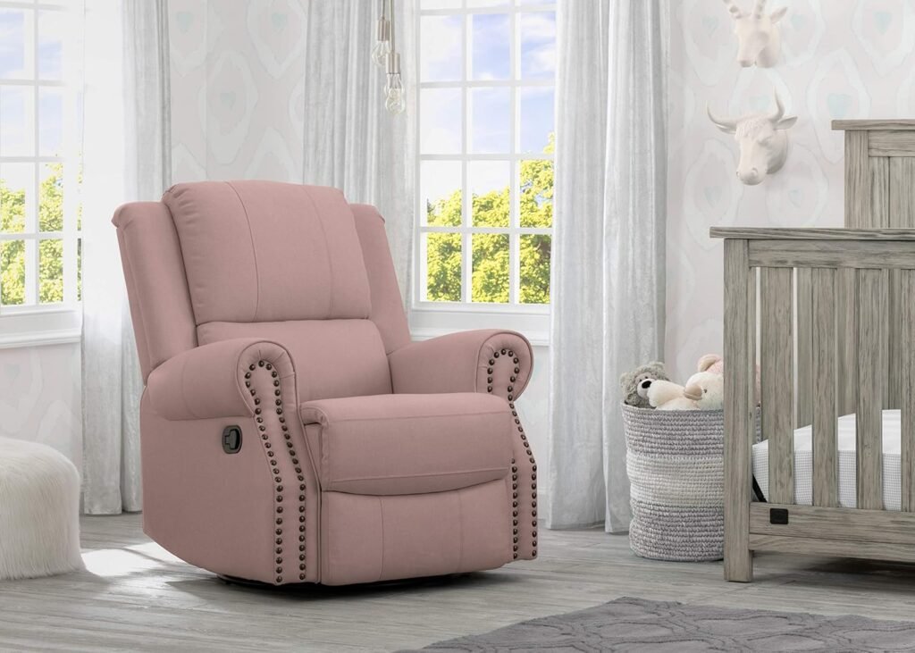 Delta Children Dylan Nursery Recliner Glider Swivel Chair, Alloy Steel, Blush