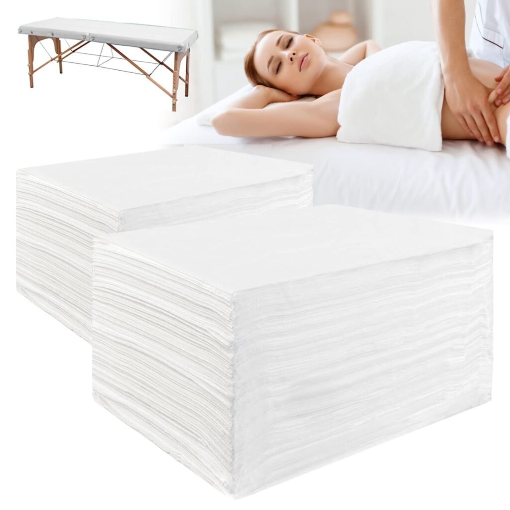 Disposable Massage Table Sheets - 100 Count - Recyclable Nonwoven Fabric Disposable Bed Sheets for Massage,Tattoo, SPA - No-Crinkle Massage Sheets-31.5 x 71 Inches (White)