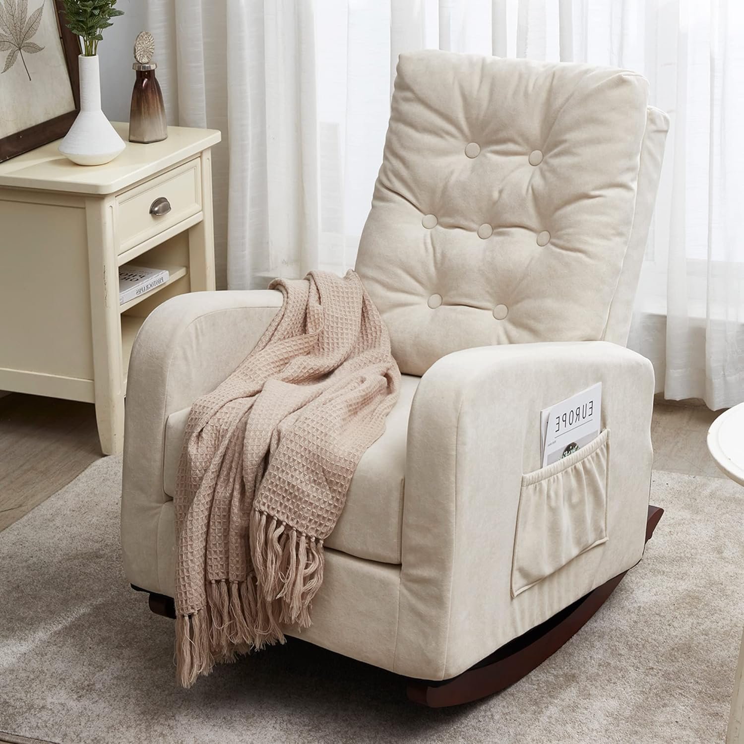 Dolonm Rocking Chair Modern Glider Chair for Baby Nursery Upholstered Velvet Rocker Tufted Button High Back Accent Armchair for Living Room, Bedroom, Office (Beige)